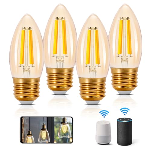 Aigostar Lampadine WiFi Alexa E27 Smart Lampadina Edison C35 4.5W 470lm Lampadine Smart Retrò Dimmerabile 2700K-6500K bianco freddo caldo, Compatibile Con Alexa, Google Home, ámbar 4 pezzi