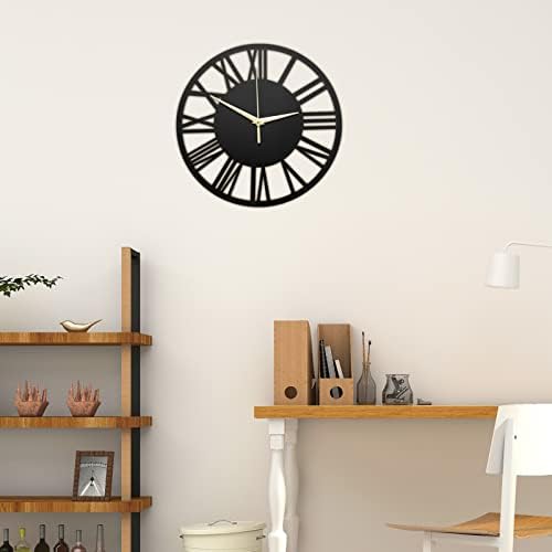 Shoze Vintage Wall Clock 30cm Roman Numerals Battery Powered Silent Clock Round Black Large Operated Giant Open Face Wall Clock for Home Living Room Bedroom Decoration