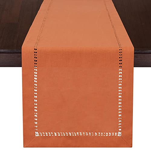Grelucgo Farmhouse Solid Orange Color Hand Hemstitched Pure Linen Table Runner For Fall Or Thanksgiving, 100% European Flax Fabric (13 X 72 Inch) #TOP29