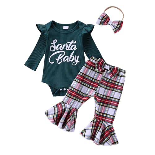 My First Christmas Baby Girl Outfit Letter Print Long Sleeve Romper Plaid Bell Bottoms Set Winter Clothes