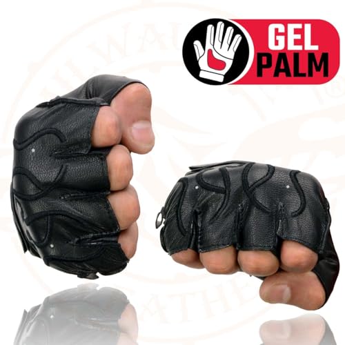 Image of Milwaukee Leather SH198 Men's Black Flame Embroidered Fingerless Gloves with Gel Palm | Padded Comfort; Vibration Relief; Flame Embroidery