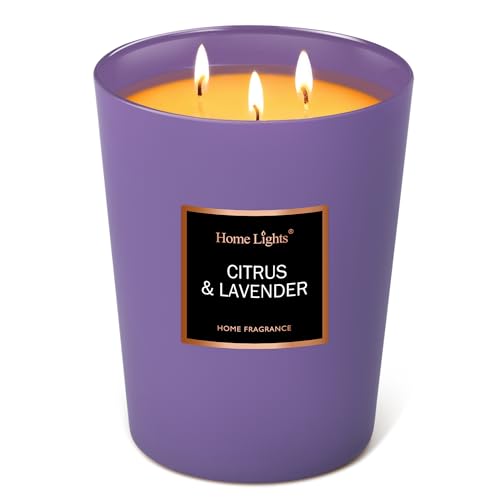 HomeLights Scented Candles, 33.3 oz Large Jar, Natural Soy Candles 3 Cotton Wicks, Smokeless Long Lasting, Aromatherapy Candle Gift for Women & Men (Citrus & Lavender)