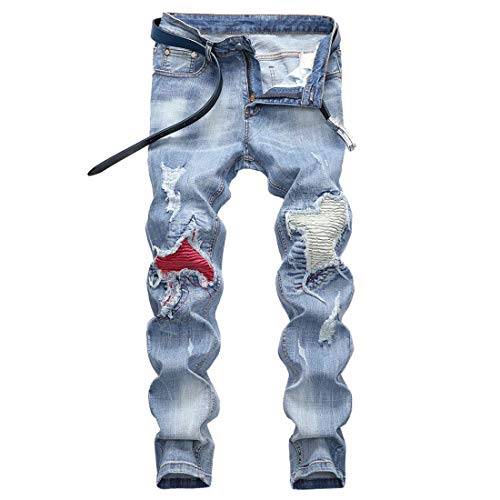 utcoco Ripped Jeans for Men Slim Fit Straight Leg Distressed Patches Denim Pants Light Blue 34