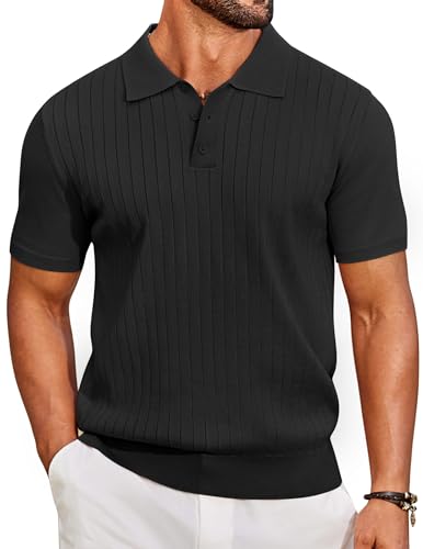 COOFANDY Herren Poloshirt Kurzarm Strick Polo T Shirt Sommer Golf Shirt Freizeit Polohemd Regular Fit Schwarz L