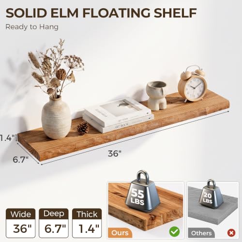Image of Live Edge Elm Floating Shelves - 36 In Rustic Solid Wood Shelves with Heavy-Duty Invisible Bracket, Wall-Mounted Wooden Shelf for Living Room, Bathroom, Kitchen Storage & Display, Set of 2, Natural