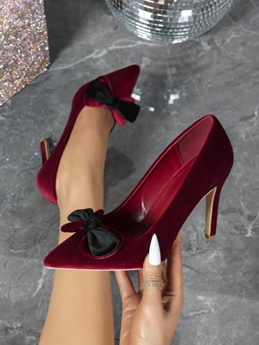Women's Burgundy Velvet Pointed Toe High Heel Pumps, Black Bow Decoration, Elegant Evening Shoes, Chic Party Footwear, Trendy Formal High Heels2