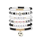 Poasrelax Soccer Bracelet Stack for Women Love Soccer Beaded Bracelets Set with Football Charms Black White Gold Layered Stretch Bracelets Sports Fan Jewelry Gifts(zuqiu)