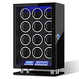 DUKWIN Watch Winder for 12 Automatic Watches, Fingerprint Lock Watch Winders with LCD Touchscreen, Blue LED Light, Remote Control,Adjustable Pillow and Quiet Motor for Universal Watches, 5TPD