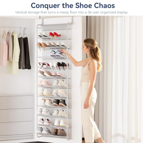 Image of Whitmor 36 Pair Over the Door Shoe Rack,12 Tier Hanging Shoe Organizer with Metal Frame & Mesh Shelves, Heavy Duty Shoe Storage Holder for Door, No Drill Installation, 74 inch H x 21.7 inch W x 7.5 inch D, Grey