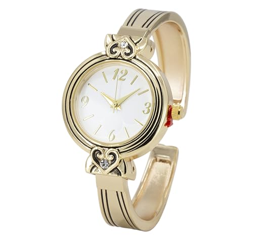 Blekon Collections Women's Quartz Analog Multistyle Designed Cuff Bangle Wristwatch - Ladies Wrist Watch for Everyday Use - Can Fit Wrist Sizes 7-8 inches (Style-One/Gold) -  TW-A923020-WH-GL