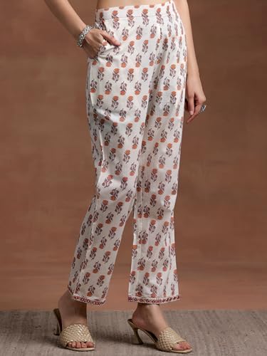 Image of Libas Women Cotton Off White Printed A Line Kurta With Palazzos Dupatta | daily wear suit