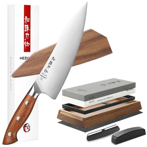 HEZHEN Cuchillo de Chef de Geman en Acero 1.4116 con Piedra de Afilar Profesional Afilador de Cuchillos