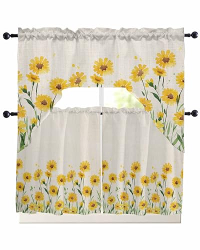 Yellow Daisy Swag Kitchen Curtains Valance and Tier Set, Watercolor