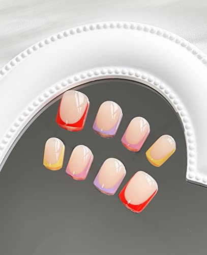 Short Press On Nails Square French Tip False Nails Full Cover False Nails With Colorful Nail Tip Designs Glossy False Nails With Nail Glue Rainbow Artificial Acrylic Nails For Women Girls 24 Pcs #TOP3