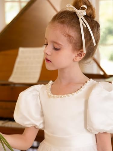 Pearls O-Neck Flower Girl Dress Pretty Princess Wedding Party Satin Tulle First Communion Dresses with Bowknot4