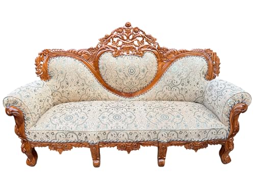 Image of Wooden 5 Seater Sofa Set | Teak Wood Hand-Carved Sofa 3+1+1 Traditional Design Furniture for Living Room, Home, Office Seating