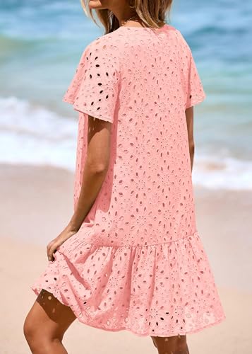 Image of KIRUNDO Eyelet Dresses for Women Button Down Mini Babydoll | 2026 Summer Short Sleeve Boho Sundress, Loose Fit V Neck Short Dress With Pockets, A Line, Cruise Beach Vacation Outfits