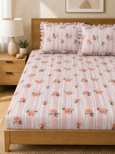 Image of 380 TC Premium Glace Cotton Elastic Fitted Bedsheet King Size with 2 Pillow Covers King Size | Double Bed with All Around Elastic (PinkRose, Fitted Queen-60x78)