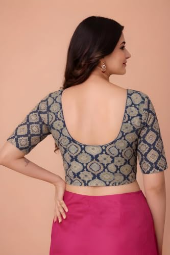 Image of Amazon Brand - Anarva Women's Kalamkari Print Cotton Stretchable Round Neck Readymade Saree Blouse