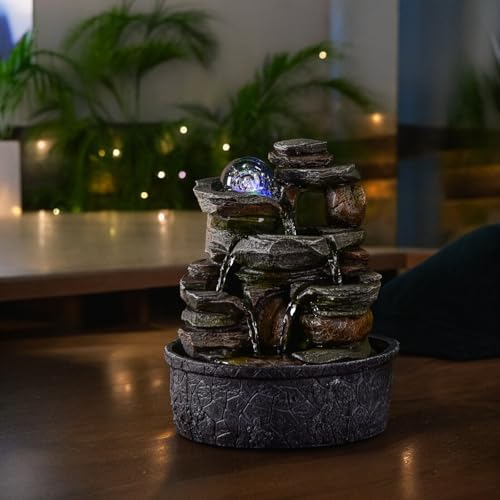 Zimmerbrunnen Wasserfall Natur Stein Rock Light Effekt Buntes Licht, Geschenkidee, Bewegte Innendekoration - Zen Tischbrunnen Entspannend, Feng Shui Objekt Glück, H 23cm - Satya Zen'Light