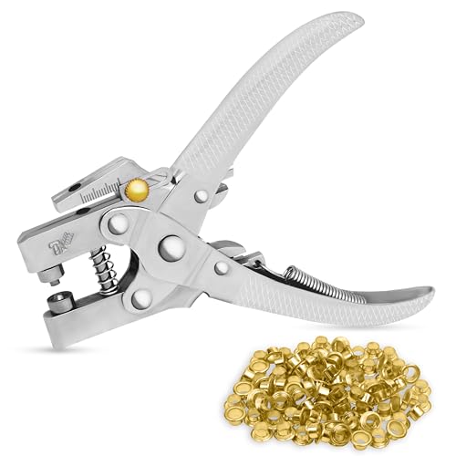 Kurtzy Alicates Remachadora Ojales con 100 Ojales – Perforadora Ojetes Cinturón Cuero 16 cm – Ojales de Metal Dorados de 7,2 mm - Sacabocados Cuero, Tela, Ropas, Zapatos, Bolsos y Manualidades