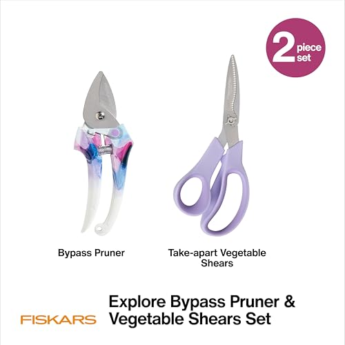 Image of Fiskars 2-Piece Pruning & Veggie Shears Set, Explore Collection Garden Tool Kit, Bypass Pruner for Light Trimming, Vegetable Shears with Serrated Stainless Steel Blades for Harvesting Flowers & Herbs