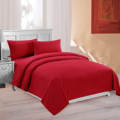 Image of 300 TC Glace Cotton Plain Stripe Queen Size Single Bedsheet with 1 Pillow Cover for Home, Hotel, Guest Room (60 X 90) Inch Red Pack 1