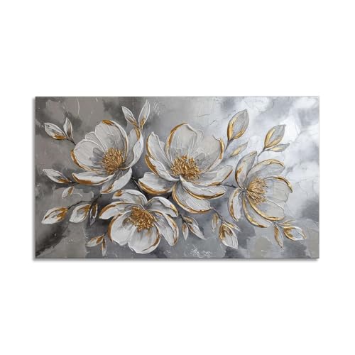 LuxHomeDecor Fiori Bianchi e Oro su Sfondo Argento – Stampa su Tela con Telaio in Legno - 80x40 cm – Quadro Floreale Moderno