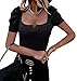 Valphsio Womens Puff Short Sleeve Top Square Neck Elegant Ribbed Knit T Shirt Summer Cute Slim Fit Tee Blouse Black