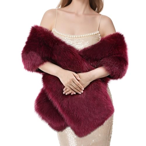 FeelfunFeather Womens Faux Fur Shawl Long Winter Warm Scarf Shawl for Bridal Wedding Party Festive Celebrations Christmas(1.8m)-WineRed