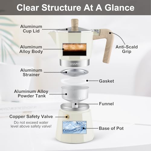 Sivaphe Aluminum Moka Pot 3 Espresso Cups, Percolator Espresso and Coffee Maker, Portable Stovetop Italian and Cuban Café Brewer for Home and Camping White by Sivaphe - Image 5
