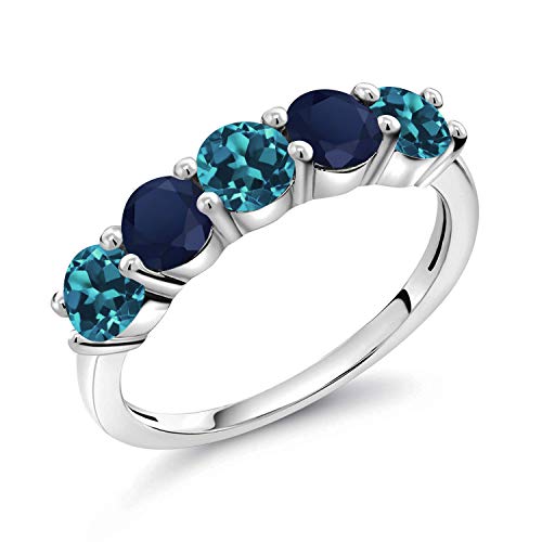 Gem Stone King 1.08 Ct 3.5mm Round London Blue Topaz Blue Sapphire 925 Sterling Silver Wedding Band Ring (Size 9)