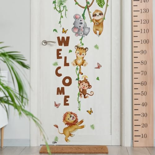Image of clothmile Watercolor Jungle Animal Wall Decals Welcome Animal Wall Sticker Lion Monkey Koala Wall Decals for Kids Baby Nursery Playroom Bedroom Classroom Kindergarten Wall Decor