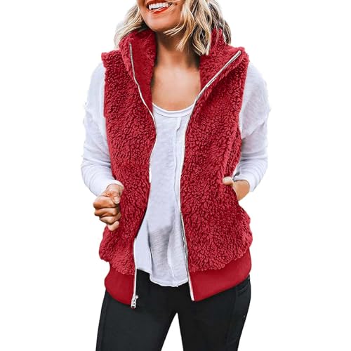 Womens Fuzzy Fleece Vest Zipper Oversized Sleeveless Warm Jacket with Pockets Fall Fashion Outerwear Coats