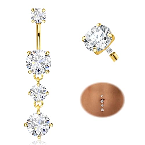 Jstyle G23 Titanium Dangle Belly Button Rings for Women 14G Internally Threaded Belly Ring Dangling Piercing Jewelry with Heart Butterfly CZ Hypoallergenic Navel Piercing Ring 14K Gold/Silver