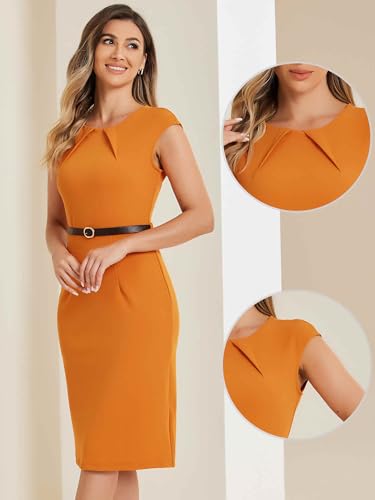 Image of Allegra K Business Dress for Women's Work Elegant 2026 Cap Sleeve Belted Office Sheath Dresses