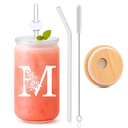 Custom Cups for Women – 16oz Monogrammed Glass Tumbler with Lid & Straw–Personalized Cups with Names, Personalized Birthday Gift for Her, Coworker, or Back to School Surprise-M
