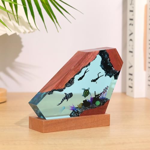 Image of Drawelry Ocean Creative Epoxy Resin Wood Light Lamp, Handmade Multi Color Aquatic Ocean Lamp Deep Sea Cave Diving Enthusiasts Led Night Light Desktop Decor Birthday Gift (Ocean World, M)