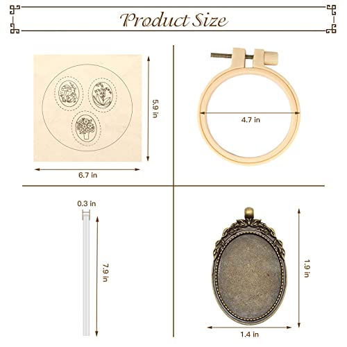 Image of ZOCONE 3 Packs Embroidery Necklace Kit, Embroidery Pendant Kits Mini Cross Stitch Kit with Hoop, Necklace, Pendant, Beads, Stamped Pattern Cloth, Instructions, etc., Embroidery Kits for Adults
