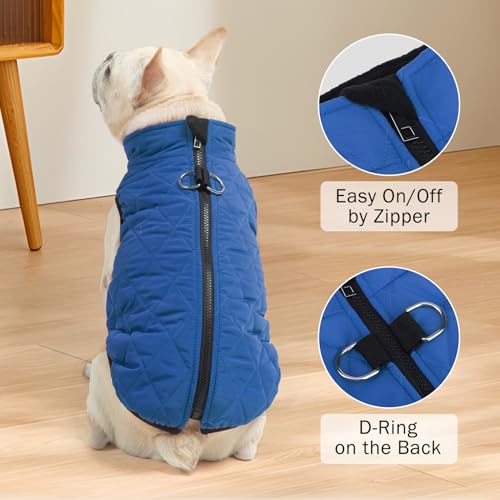 Image of SCENEREAL Winter Dog Vest Coat with Harness Built in for Small Medium Dogs | Cold Weather Coat with Zipper, Fleece Puffer Vest Windproof Snow Clothes, Blue S