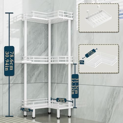 Image of Consumest Corner Shower Caddy Standing - 3-Tier Stainless Steel Shower Organizer with Soap Holder and 4 Hooks, Large Capacity Corner Shelf Stand for Bathroom, Rest Room, White