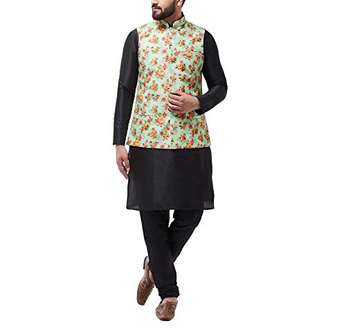 Image of SOJANYA (Since 1958 Men's Silk Blend Black Kurta Pyjama & Printed Nehrujacket Combo