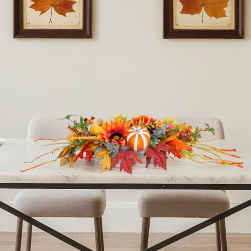 Image of Fall Centerpieces for Tables 28 inch Fall Table Centerpiece for Dining Table | Autumn Thanksgiving Table Centerpieces with Sunflowers,Pumpkins & Maple Leaves for Dining Room,Kitchen Table Decorations
