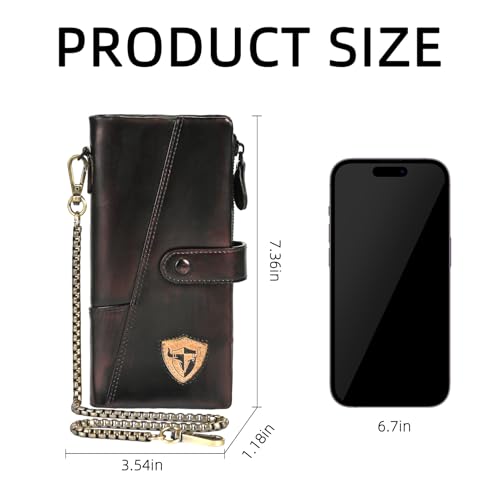 Image of Genuine Crazy Horse Leather Travel Gift Coin Pocket Card Case Long Organizer Chain Rfid Wallet Purse With Snap For Men Male 1803 1815 (1803 Brown 26a)