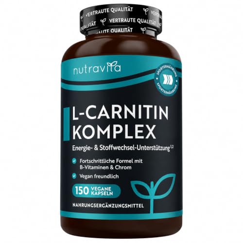 Nutravita L-Carnitin-Komplex - Hochwirksame Kapseln mit zusätzlichem Riboflavin Biotin Chrom Vitamin D B3 & B6 - Makronährstoff- & Energielieferant für den Stoffwechsel - 150 vegane Kapseln