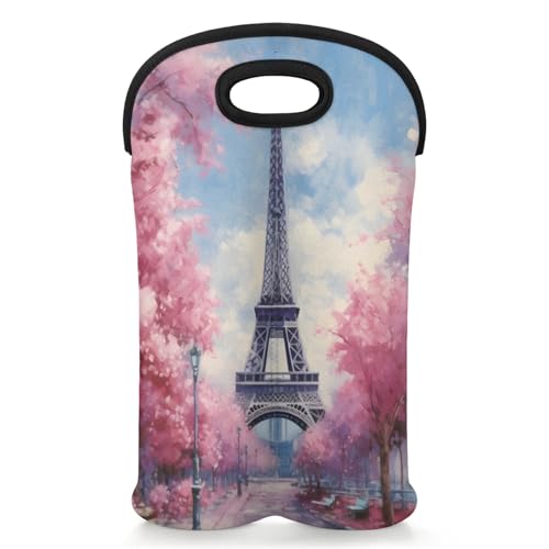 GzLeyigou 2 Bottles Eiffel Tower Wine Bag Sleeve Totes Cherry Neoprene Protective Wine Carrier Bag for Wine,Water, Champagne, Beer, Baby Bottles,Gift 14.5 x 10 Inches