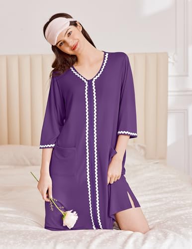 Image of Ekouaer Zipper Robes for Women 3 /4 Sleeves Lightweight House Coat Zip Up Bathrobe Soft Nightgown with Pockets S-3XL