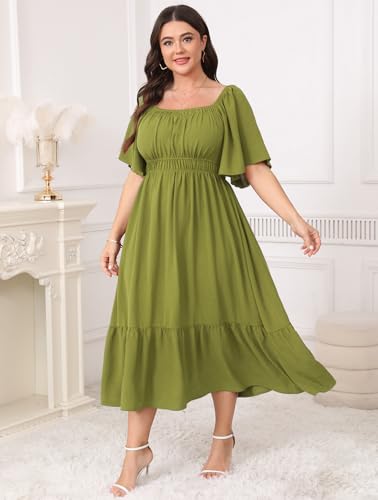 Image of CICIDUDU Plus Size Smocked Maxi Dresses for Curvy Women Square Neck Flowy Casual Summer Wedding Guest Dress