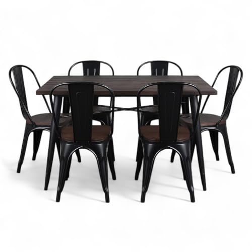 Kosmi Ensemble Table et Chaises Style Industriel, Métal Noir Mat et Bois Naturel, 60x60 à 160x80 cm, Design Factory, pour Salle à Manger et Restaurant (Bois foncé,...