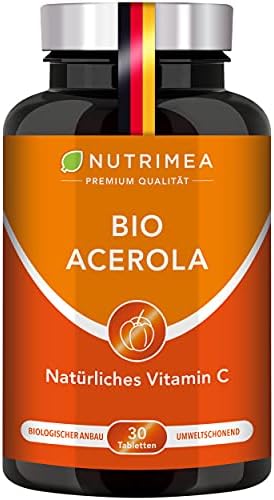 Acerola Bio | Natürliches Vitamin C Hochdosiert 1000mg | Nutrimea | Reiner Frucht-Extrakt aus Acerolakirsche, 60 Kautabletten 100% Vegan | Kirschgeschmack | GVO-frei | Premium Qual